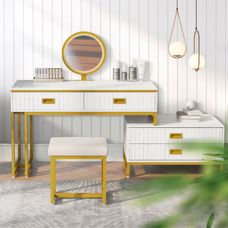 Coiffeuse de style moderne avec armoire latérale mobile et 4 tiroirs, coiffeuse de grande taille avec miroir et lumière DEL 3 couleurs, table de maquillage avec tabouret, blanc, pieds dorés