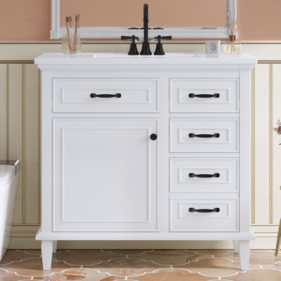 Meuble-lavabo de 36 pouces avec comptoir en céramique, structure en bois massif, armoire en bois aggloméré et peuplier, tiroirs rabattables, tablette réglable et poignées en alliage de zinc, armoire de rangement autoportante (robinet non inclus)