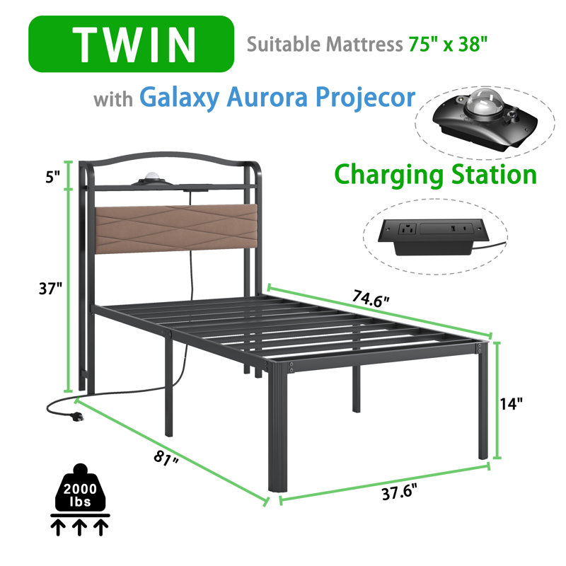 Upholstered Bed Frame With Storage Headboard, Charging Station, Galaxy Aurora Projector, Twin