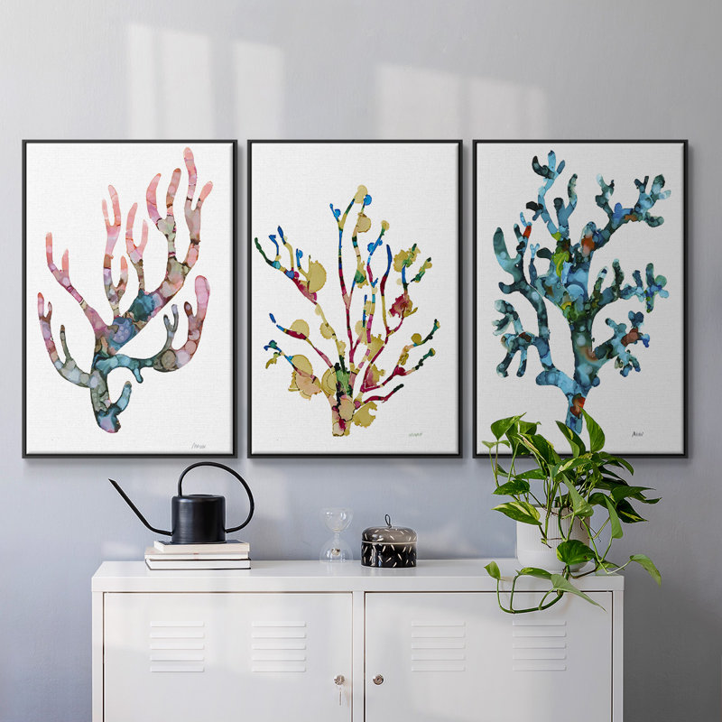 Sea Coral I, impression sur toile 3 pièces, Cadre noir, H 48 po x l 96 po x P 2 po