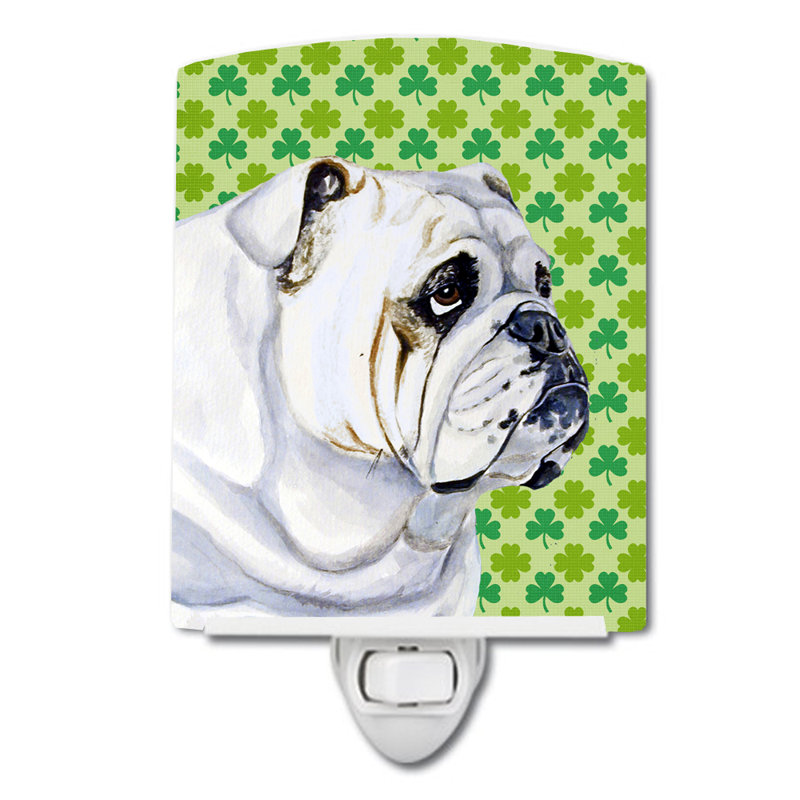 Éclairage de nuit en céramique akita trèfle St. Patrick's Day, Bouledogue anglais blanc