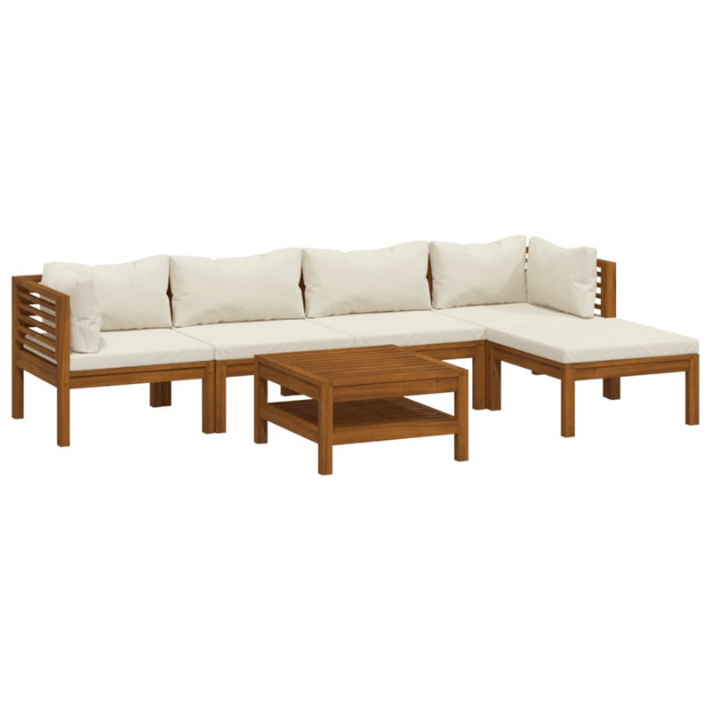 Ensemble de canapé modulaire d'extérieur 6 pièces, table basse, ivoire, bois d'acacia brun