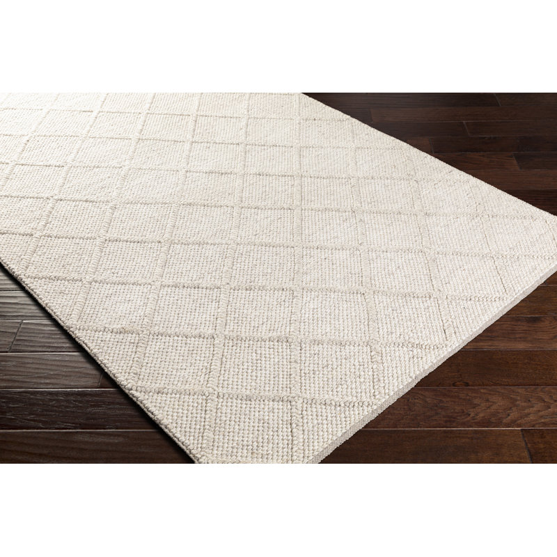 Tapis géométrique blanc tissé à plat à la main Vernie Jeanette, Rectangle 12 pi x 15 pi