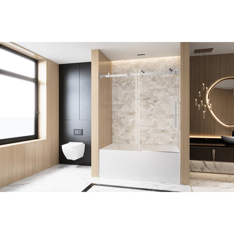 Single Sliding Shower Door Of American Design For Bathroom Usage, 56 - 60 "W X 60" H, 6Mm Clear Tempered Glass, Film Coating, Stainless Steel Square Tube Track And Ergonomic Handle In Brushed Nickel,