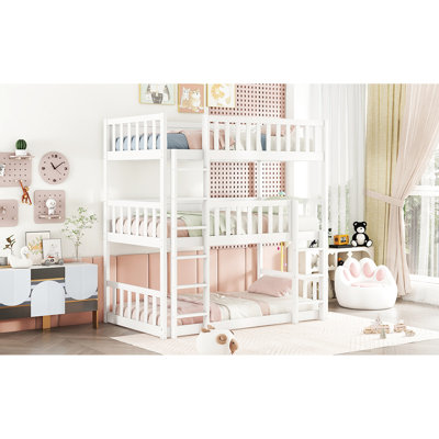 Lit superposé simple détachable en blanc - fabriqué en bois d'hévéa de qualité avec des échelles et des barrières de sécurité pour la chambre à coucher