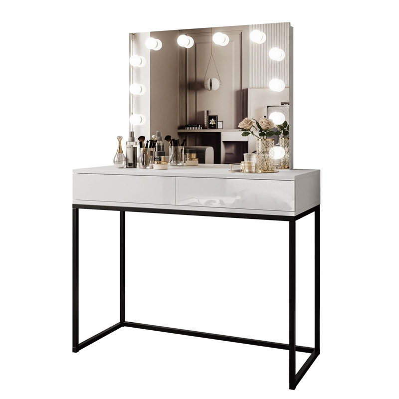 Anashima Dressing Table with Mirror, Black and white high gloss