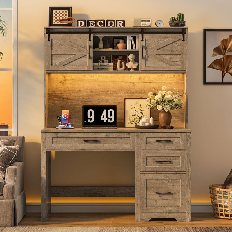 Farmhouse Executive Desk With Hutch & 4 Drawers, Gray