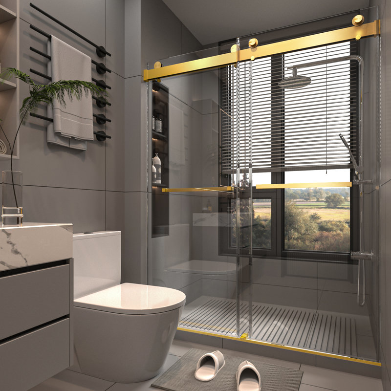 Porte de douche coulissante double sans cadre l 56 à 60 po x H 76 po, verre trempé 3/8 po (10 mm), conception imperméable, or brossé