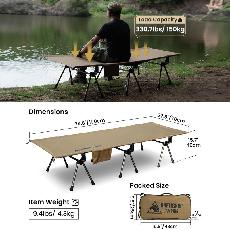 Lit de camping portatif pliant avec hauteur réglable et rallonges de pieds, Brun coyote