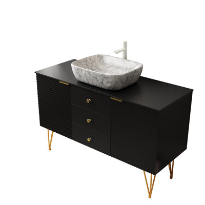 48" Black Freestanding Bathroom Vanity With Sink, Gold - Adorned Legs, 3 Drawer Configurations, 2 Door Assemblies, White Marble Ceramic Vessel Basin, Sintered Stone Surface, Easy Assembly 48 Inch