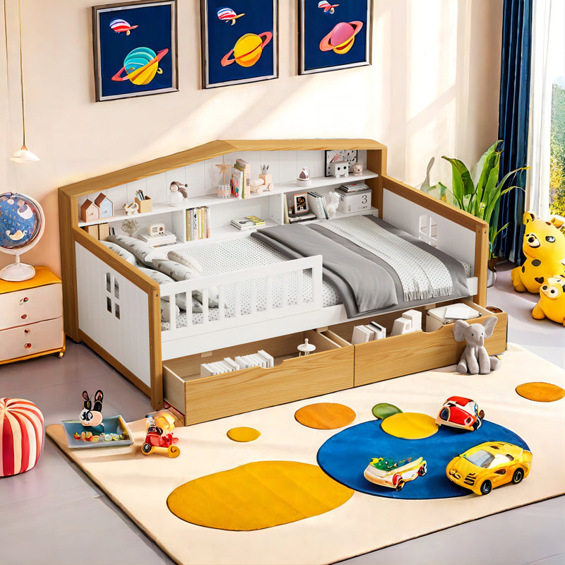 Lit en forme de maison avec deux tiroirs et tête de lit en bois pour bibliothèque pour filles, adolescents, sans sommier, noyer et blanc