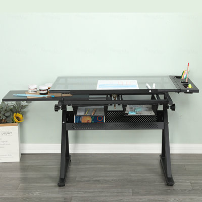 Drafting Table, 0-70° Adjustable Glass Top Artist Table - Height Adjustable Drafting Desk with Large Storage for Painting & Crafting - Ideal for Desi