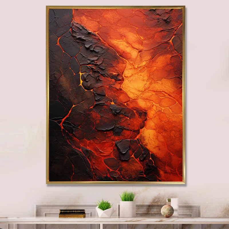 Volcanic Tachisme Fusion 2 - Tachisme, art mural, Cadre flottant doré, H 40 po x l 30 po x P 1,5 po