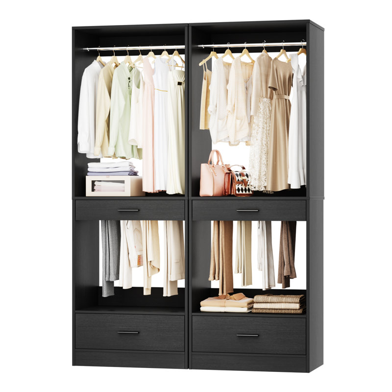 47.2" Closet System Organizer With Hanging Area, Pants Rack & Drawer, 2Pcs, Black, 80.00"H x 47.20"W x 15.70"D