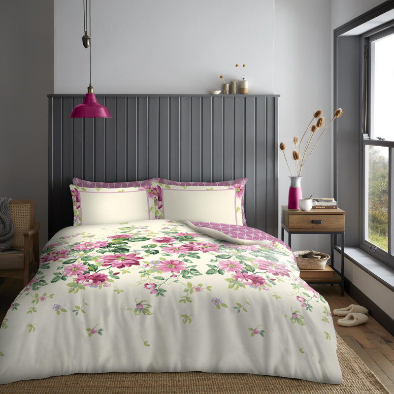 Cotton Blend Duvet Cover Set with Pillowcases, White/Pink/Green Floral