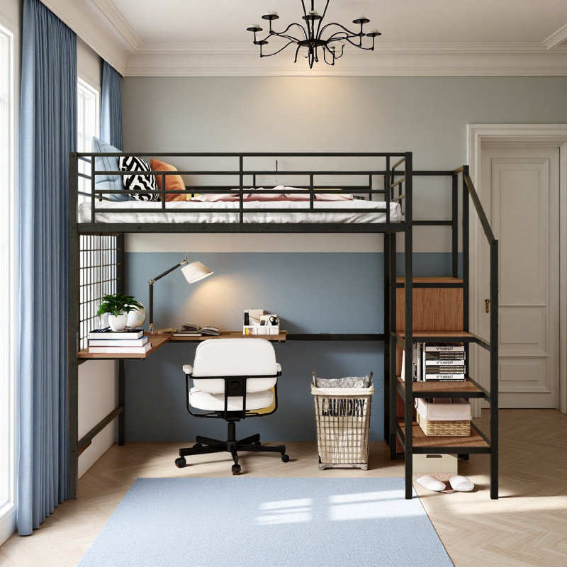 Full Size Metal Loft Bed With Built-In Desk, Black