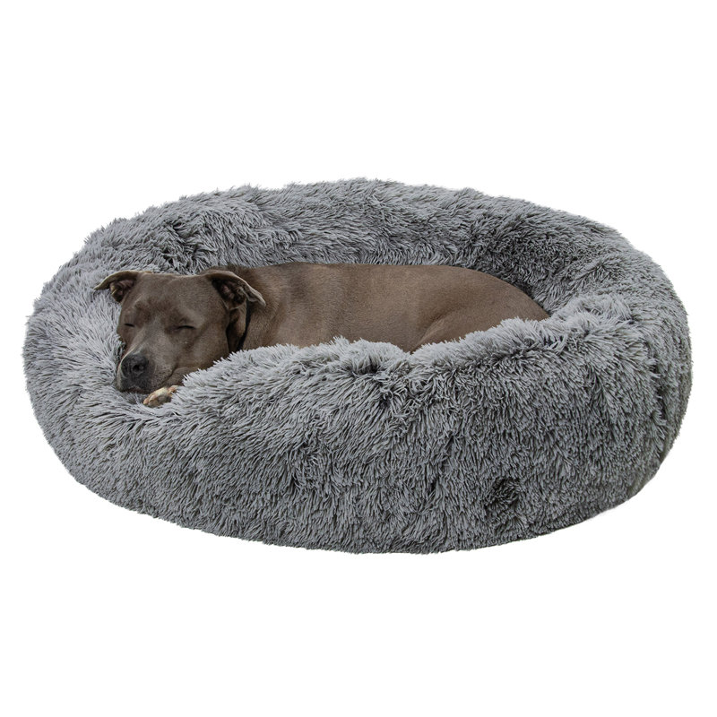 Large Gray Faux Fur Orthopedic Donut Dog Bed