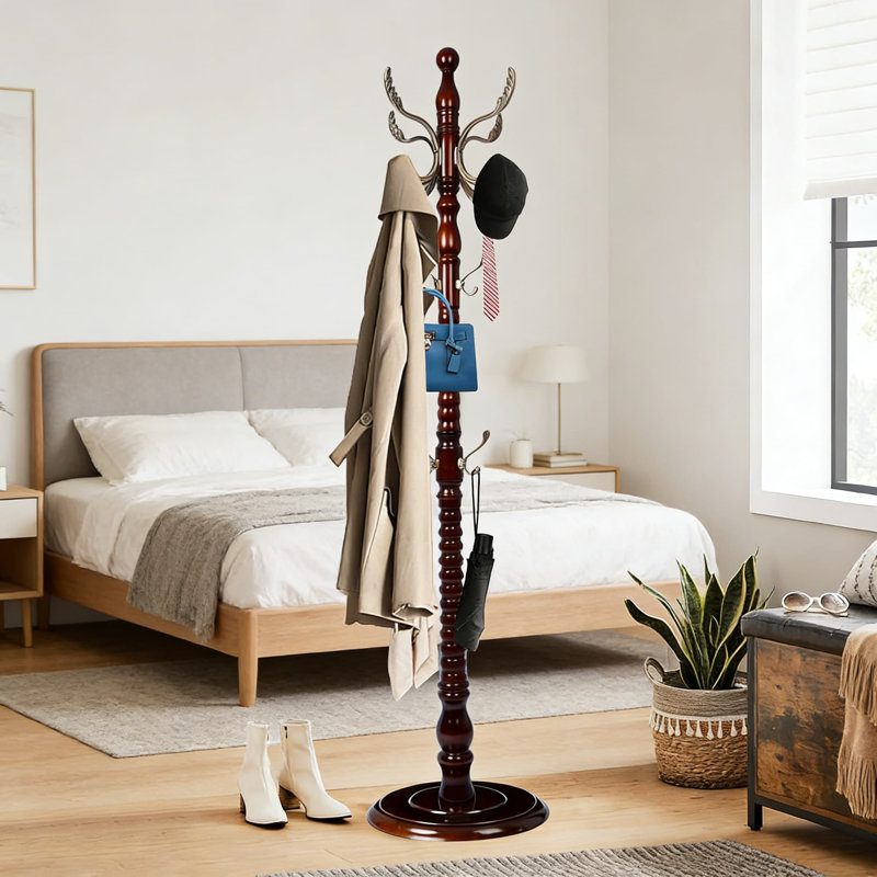Portemanteau autoportant en bois avec base de disque robuste et 14 crochets en métal