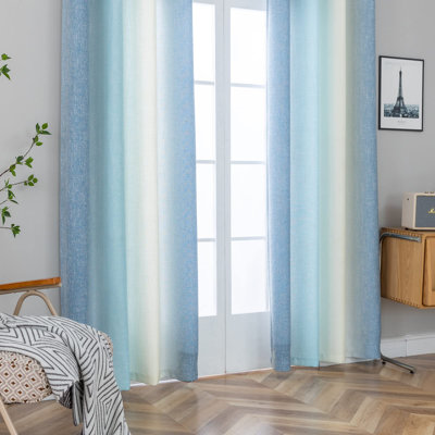 Rideaux en faux lin [2 panneaux] Rideaux de fenêtre de couleur dégradée avec œillets, rideau obscurcissant et isolant (l 52 po x L 95 po, bleu et crème)