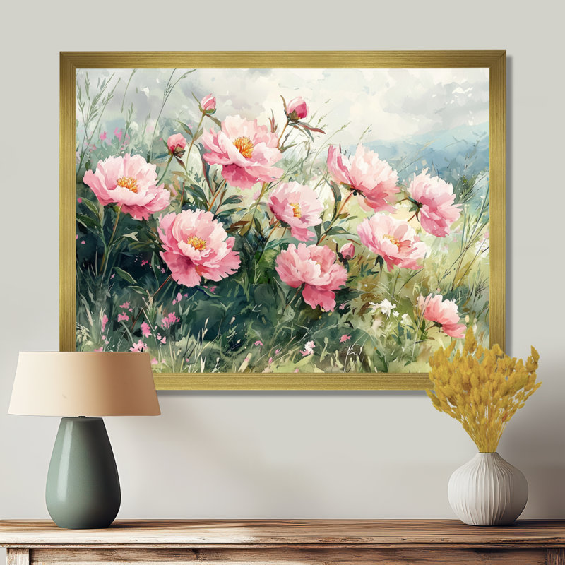 Melvina, pivoines et prairie d'été I - pivoines, art mural, Reproduction encadrée d'une seule photo, H 12 po x l 20 po, Doré