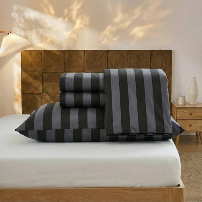 Ensemble de draps 100% coton de très grande taille - literie à rayures noires et grises, tissage percale doux et respirant, drap à poche profonde à rayures larges 17,5 po, aspect lin luxueux, literie 4 pièces toutes saisons