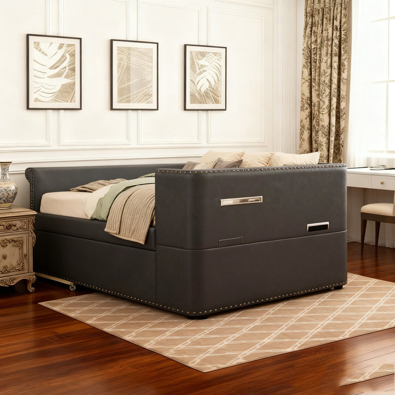 Daybed Pull-out Trundle Side Pockets Upholstery Nailhead Trim Bedroom Living Room Furniture, Dark Gray