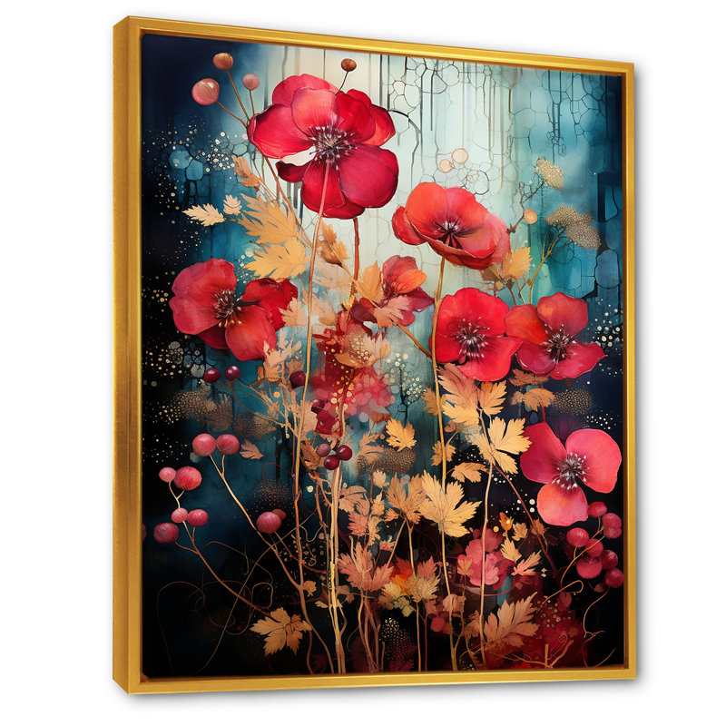 Jardin botanique floral rouge enchanté - Botanicals Wall Art, Cadre flottant doré, H 40 po x l 30 po