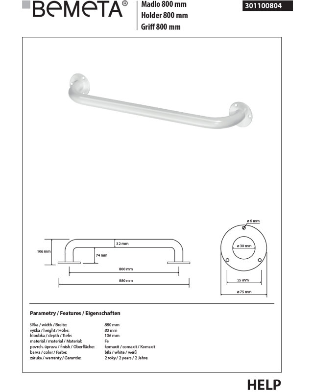 Handrail Help 800 Grab Bar, 8cm H x 88cm W x 10.6cm D