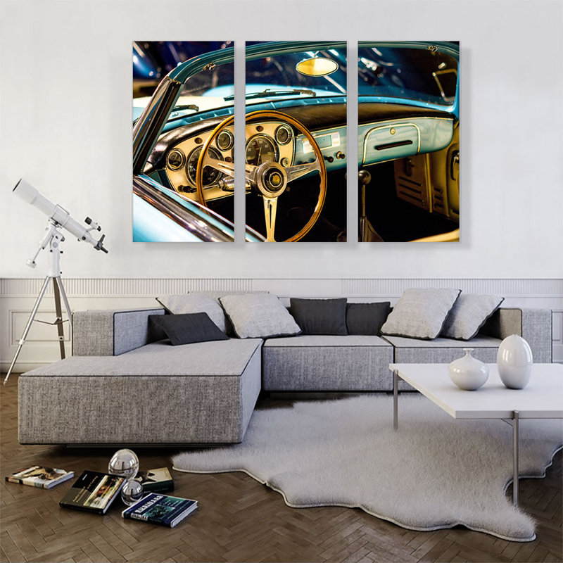 Vieille voiture intérieure - ensemble de 3 reproductions de photos sur toiles tendues, H 40 po x l 60 po x P 0,75 po