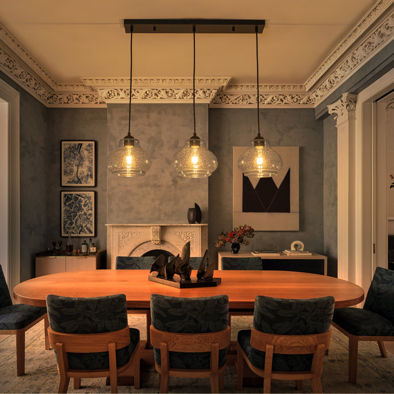 Suspension linéaire à 3 lumières pour îlot de cuisine, lustre moderne noir mat réglable avec abat-jour en verre bleu bullé fabriqués à la main