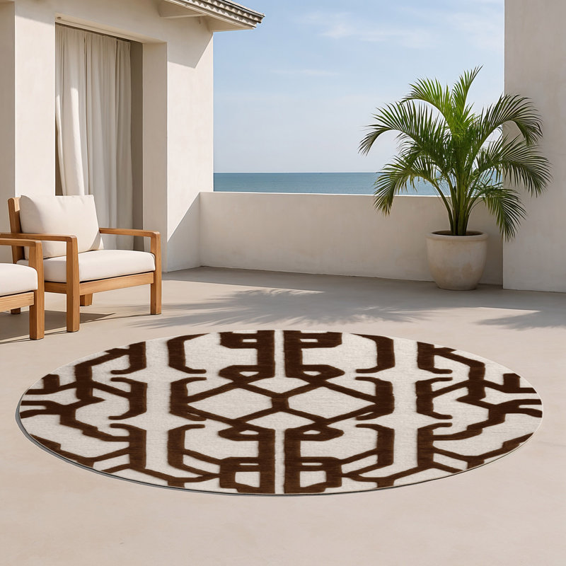 Trellis Beige Indoor and Outdoor Area Rug, Round 5'