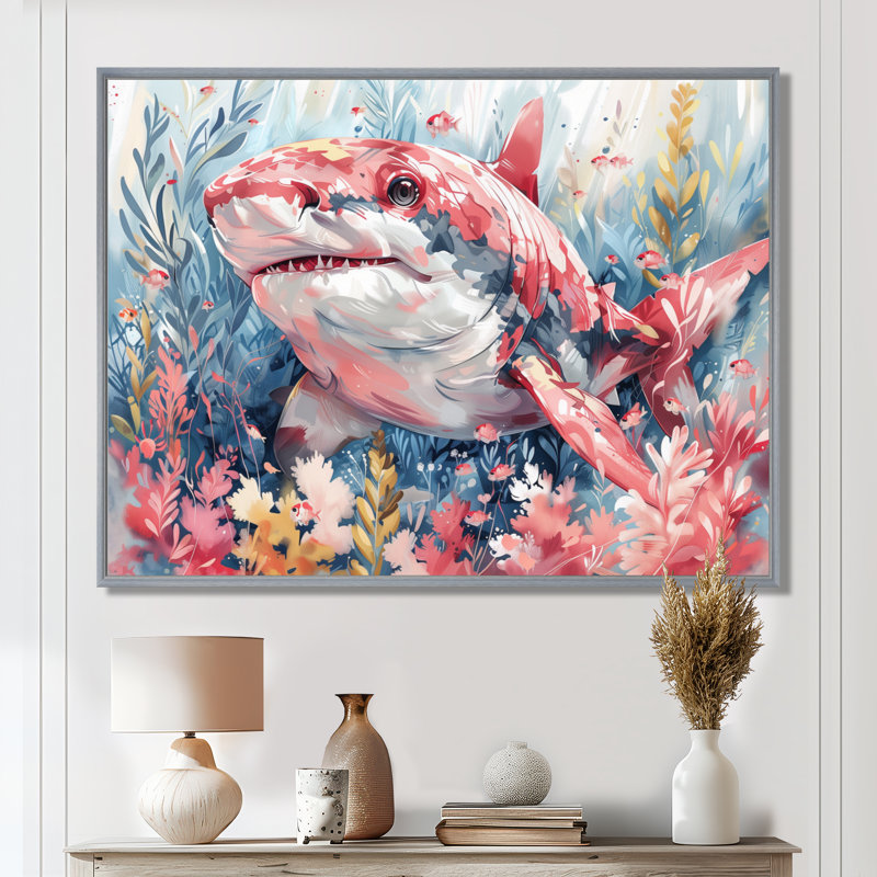Pink Grey Hunting Shark Watercolor I - Sharkwall Art Wall Art Living Room, Silver Floater Framed, 12'' H x 20'' W
