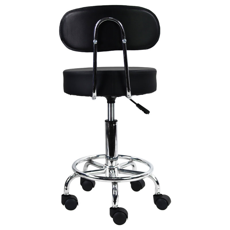 Backed Adjustable Height Ergonomic Lab Stool with Footring Wheels, Black