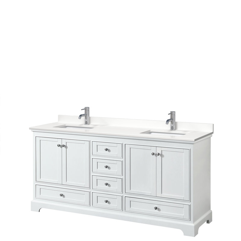 Ensemble de meuble-lavabo double autoportant 72 po avec plateau en quartz Deborah, Quartz blanc, Or brossé, Blanc