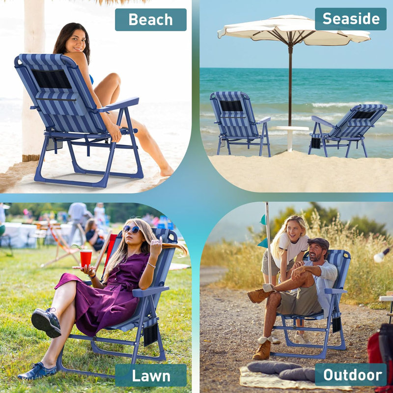Backpack Beach Chair, 6-Positions Reclining Folding Beach Chair with Cooler Bag and Cup Holder, Navy Blue Striped, 1