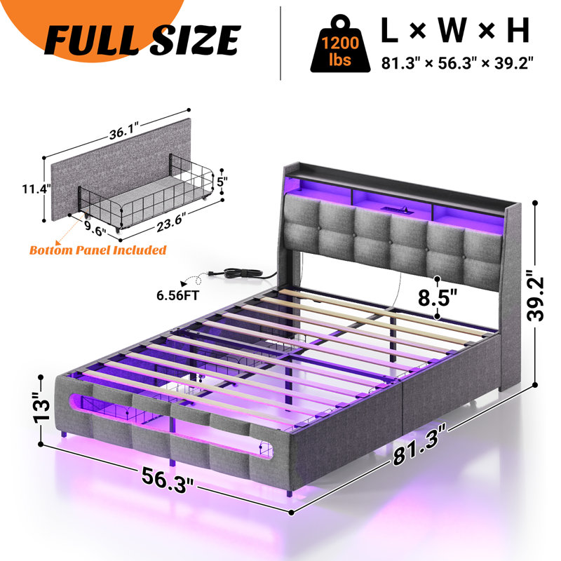 Upholstered Bed Frame With Drawers With Storage Headboard,Charging Station LED Light, Gray, Full