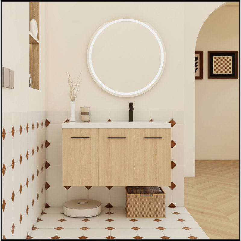 Meuble-lavabo flottant mural de 36 pouces avec lavabo en gel, finition chêne clair et rangement modulaire à 3 portes, Right