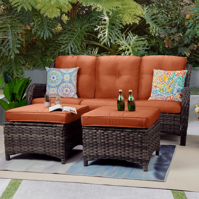 Anahit 3-Piece Wicker Outdoor Seating Group with Cushions, Orange