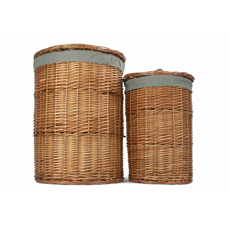 Wicker 2 Piece Round Laundry Basket Set With Lining, Light Steamed/Grey