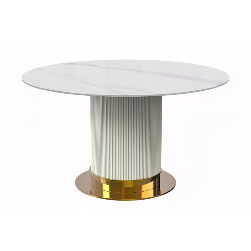 Murtis Round Stone Top Metal Base Dining Table, Solid White