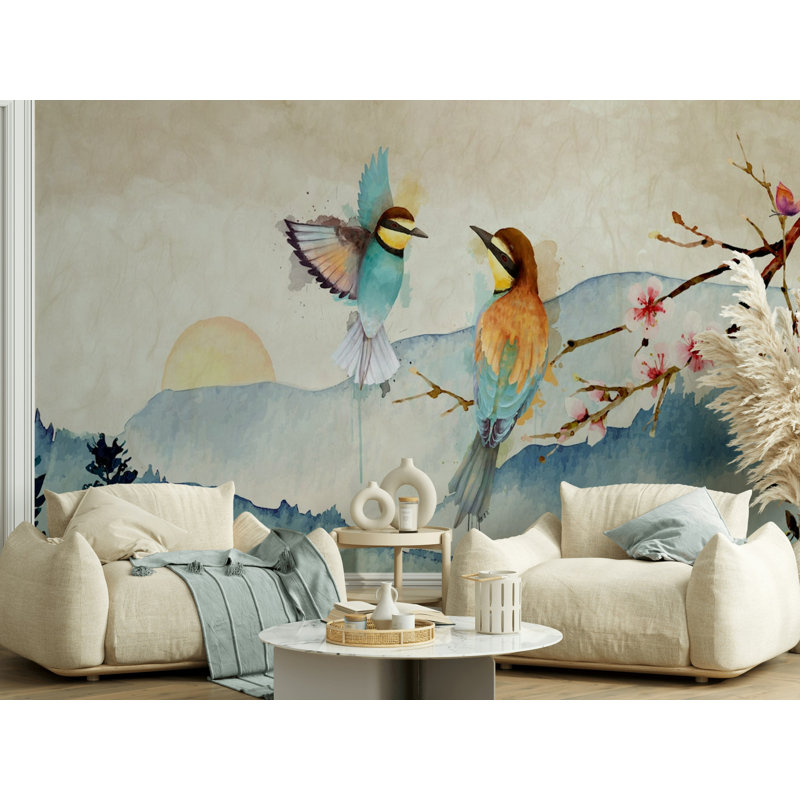 Papier peint fantaisie aviaire sérénité, L 108 po x L 72 po
