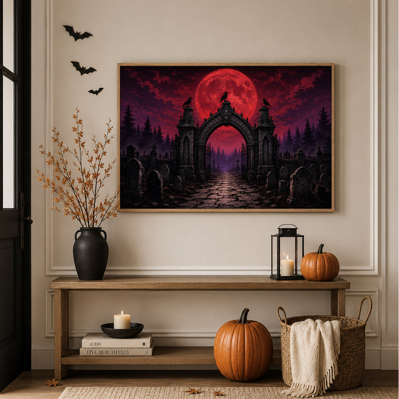 Porte de cimetière gothique avec corbeaux sous une lune rouge - Toile murale d'Halloween, 24"H x36"W