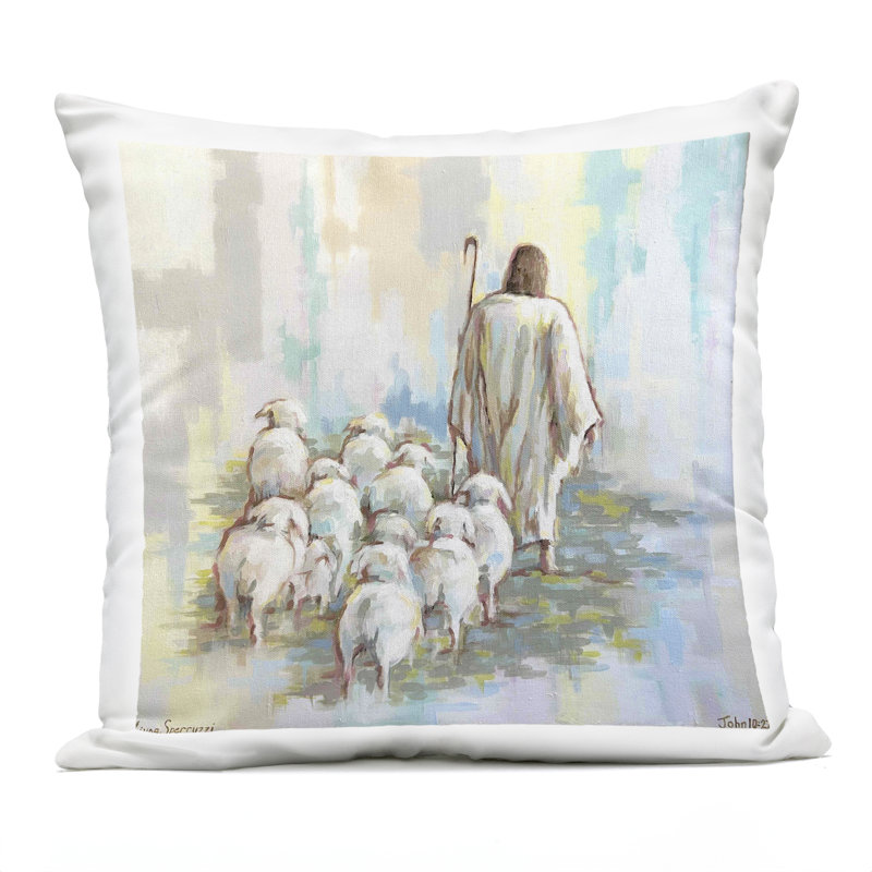 Coussin d'extérieur imprimé «Ils me suivent avec Jésus», design par Linda Sperruche