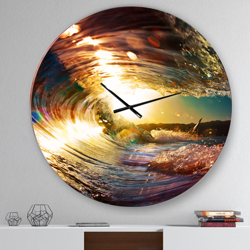 Coastal Wall Clock, Oversized, Colored Ocean Waves Falling Down III