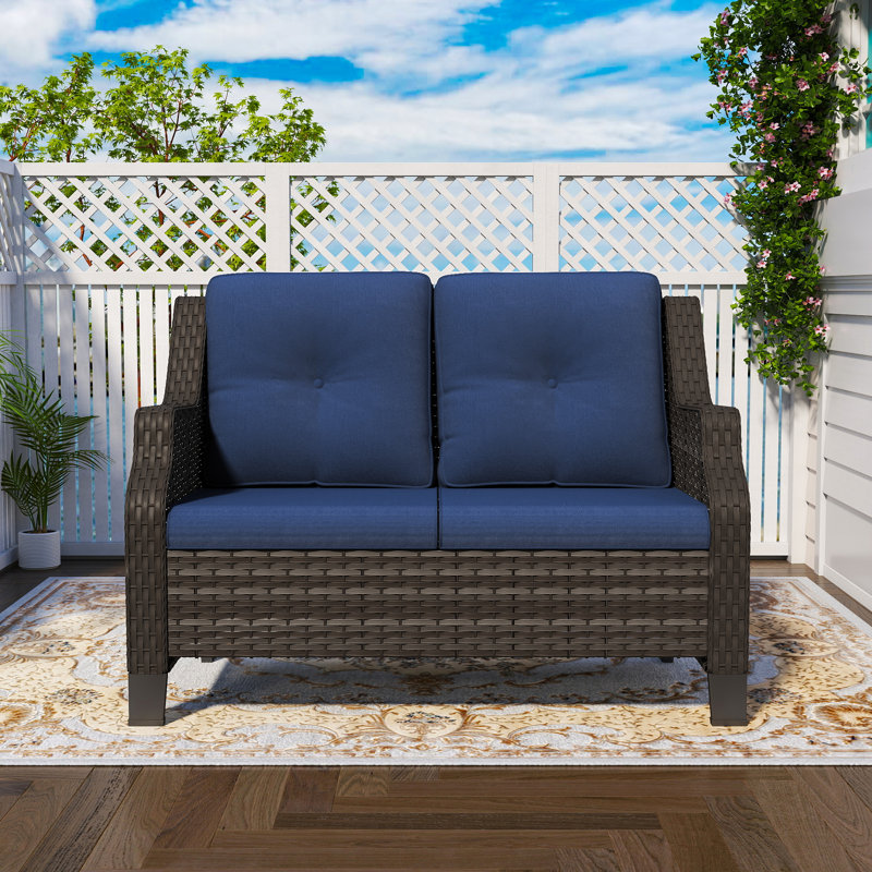 Tomball 50'' Wide Straight Wicker Loveseat with Cushions, Navy