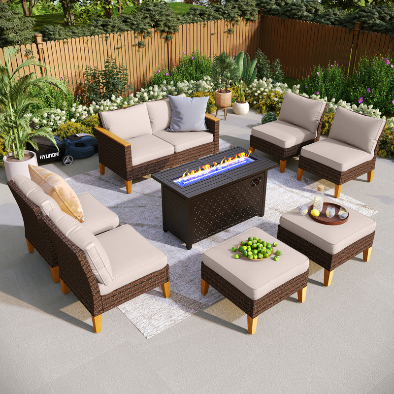 All Weather Wicker/Rattan 8 - Person Seating Group with Cushions, Yes, Beige