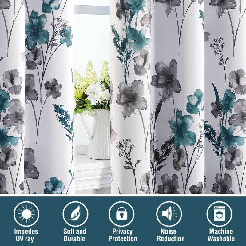 100% Blackout Curtains 2 Panels Set Cattleya Floral Printed Drapes Leah Floral Thermal Curtains for Bedroom with Black Liner Sound Proof Curtains