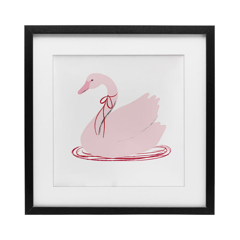 Cygne rose avec impression sous-verre encadrée, par Lucille Price, H 13 po x l 13 po, Cadre noir minuit