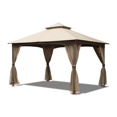10'X13' Patio Gazebo - Metal, , , Net, Waterproof, Stable, Khaki With Net Metal Frame, Double Roof, Resistance, Waterproof Canopy (Khaki