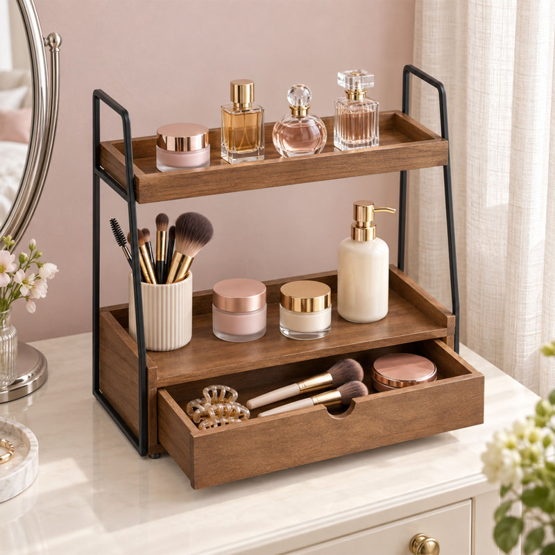 Rangement pour salle de bain à 2 niveaux avec tiroir, tablette de meuble-lavabo en bois